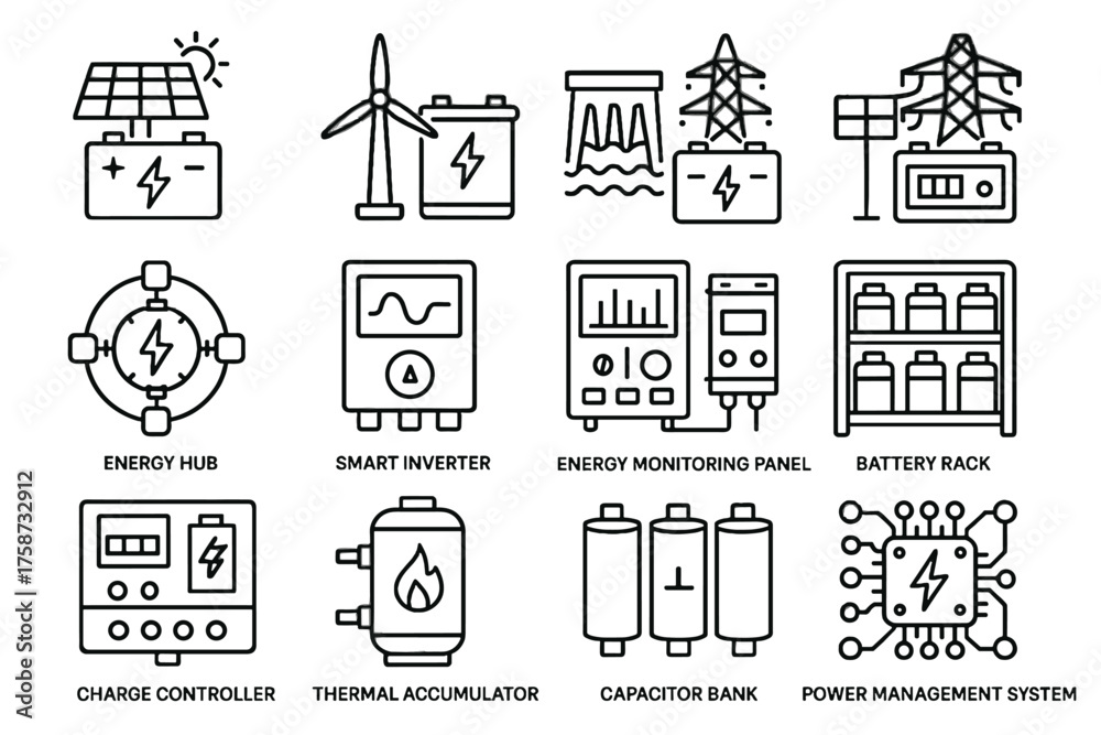 Vector hydro battery energy rack icons charge hub smart controller ...