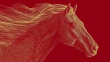 Horse with a long mane and a red background. The horse is depicted in a stylized way, with a lot of detail and texture