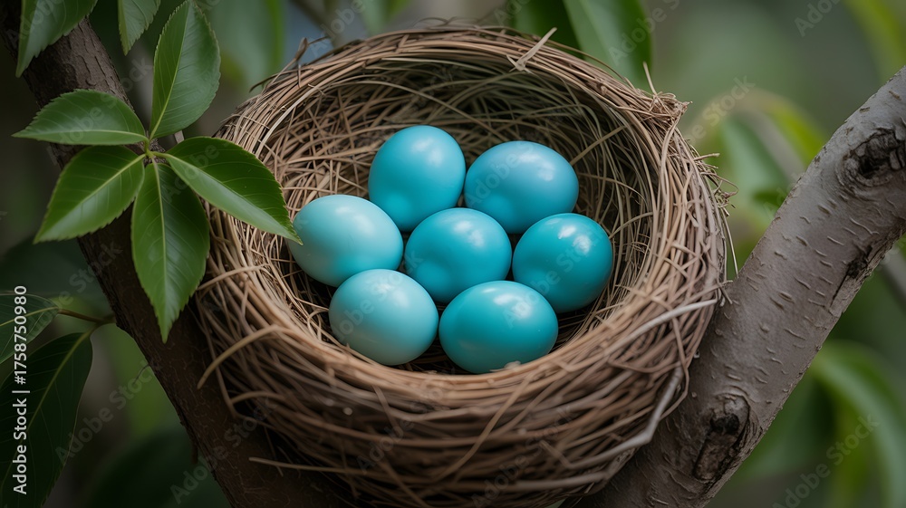 Seven bright blue eggs nestled in a twig bird's nest on a tree branch ...