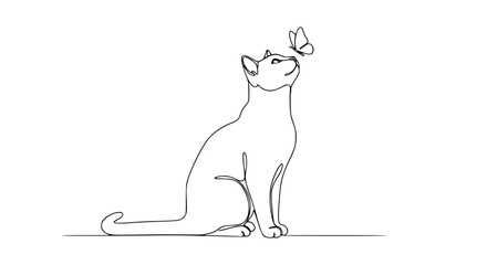 Naklejka na meble Single line drawing of a cat looking at a butterfly, minimalist nature art