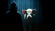 © Antto-AI - Hooded figure silhouette faces digital pig on glowing screen, mysterious atmosphere, dark background, cyber Pig butchering scam concept