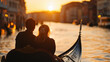© A2Z AI  - Romance in Venice: A couple embraces on a gondola ride, silhouetted against the stunning sunset. Golden light reflects on the tranquil canal, creating unforgettable memories.