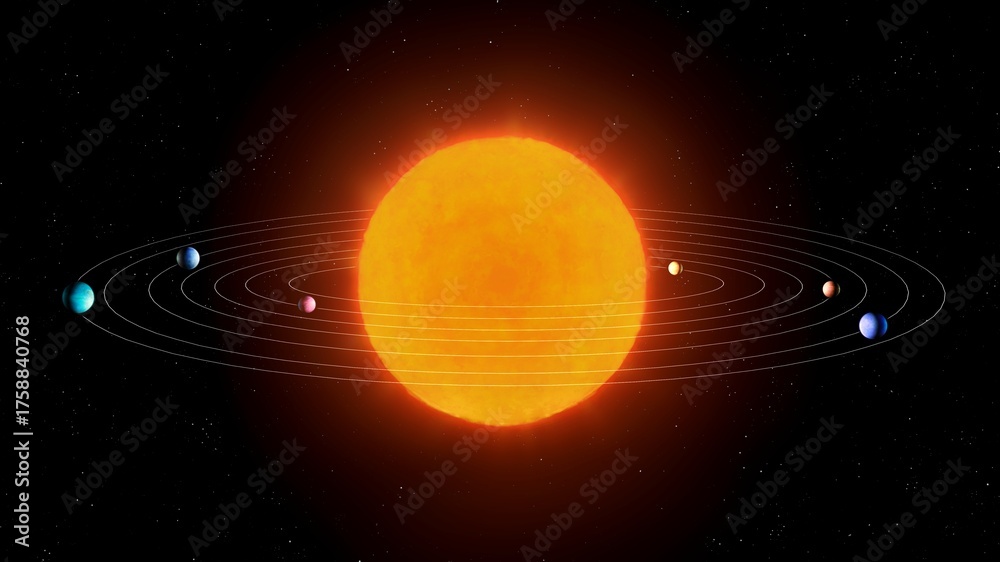Model of a star system with planets orbiting the sun on a black ...