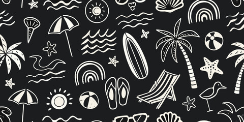 Charming hand drawn summer beach vacation icons pattern on black background