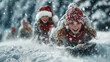 © syhin_stas - Happy children wearing Santa hats are sledding down a snowy hill during snowfall, enjoying winter holidays and Christmas time with family and friends