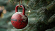 © syhin_stas - Red kettlebell hanging as christmas ornament on snowy christmas tree with blurred bokeh lights background, representing fitness during christmas holidays