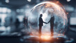 © kaliel - A business handshake inside a digital globe conveying global partnership trust and secure collaboration across connected markets and technologies.