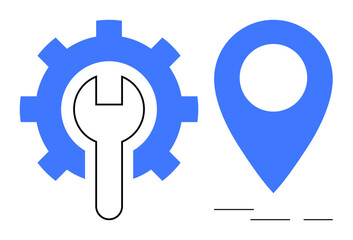Wall Mural - Blue gear with wrench symbolizes technical support, paired with a location marker for navigation. Ideal for repair, maintenance, technology, location services, logistics, mapping, productivity