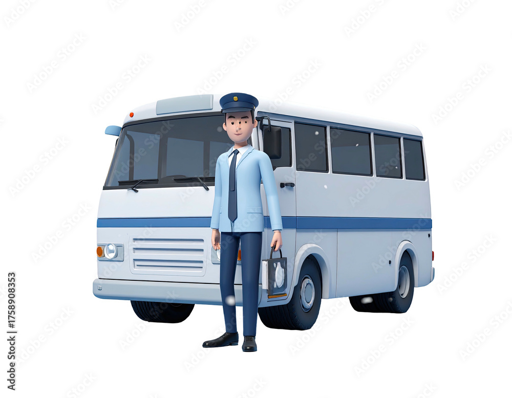 Miniature bus driver figure standing proudly by his vehicle on a white ...