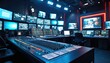 © Viktor - TV studio control room with multiple monitors displaying video feeds, large mixing board in foreground. Technical equipment, digital displays create high-tech atmosphere for broadcast production.