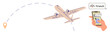 © robu_s - Airplane flying toward destination pin with dotted flight path, smartphone showing speed and map. Ideal for travel, aviation, navigation, tracking, technology, logistics connectivity. Clear simple