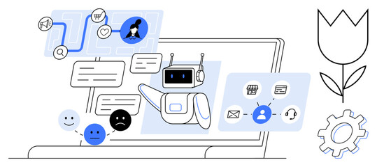 Wall Mural - AI bot exchanging text messages, emotions, user icons on laptop, connecting workflows. Ideal for technology, communication, customer service, automation, chatbot systems innovation simple flat