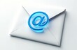 © Viktor - White envelope with blue at sign symbol on top. Email icon on white background. Modern digital communication and online messaging services. Electronic mail concept.