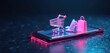 © Viktor - Smartphone displays shopping cart high heels and shopping bag. Online store or e-commerce concept. 3D render of mobile phone shopping with neon light.