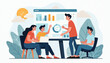 © Viktor - Teamwork illustration presents people working on project together using laptops, watching charts. Group analyses data, brainstorms ideas. Flat about office life, partnership. Employees work on
