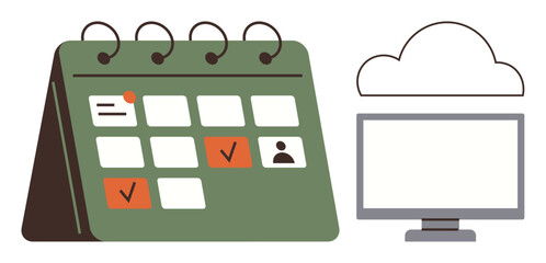 Calendar with event markings beside monitor and cloud icon, emphasizing digital scheduling, reminders, teamwork, and time management. Ideal for organization, productivity, deadlines, cloud tech