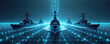 © Viktor - Navy warships sail on ocean with digital network backdrop. Futuristic military ships move via water in connected system. Naval fleet on sea with grid and data transfer illustration.