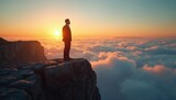Businessman stands on rock cliff looking at sunset over fluffy clouds. Observes horizon, thinking about future success. Man achieved peak, contemplates next steps, new opportunities, leadership,