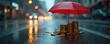 © Viktor - Stacks of gold coins protected by red umbrella from heavy rain on wet city street. Financial safety metaphor for risk management and investment protection against loss.