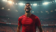 © Viktor - Male soccer player in red uniform yells in triumph on a brightly lit stadium field. Crowds cheer, celebrating a major win and scoring a goal. Athlete shows intense emotion after successful play.