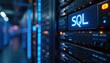 © Viktor - Close-up view of SQL server with glowing blue lights. Rows of computer hardware with SQL sign on front. Data storage, processing technology in modern data center. Server room with networking