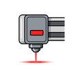 © Mihoub - Laser cutting machine head with a red laser beam emitting, precision engineering and industrial technology