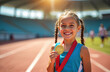 © Viktor - Young girl athlete wears gold medal around neck. She smiles happily on stadium track after winning competition. Child celebrates first place victory on sports field.