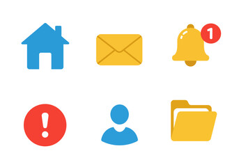 A vibrant collection of essential user interface icons in a flat design style, including home, mail, notification, alert, profile, and folder symbols for web and mobile