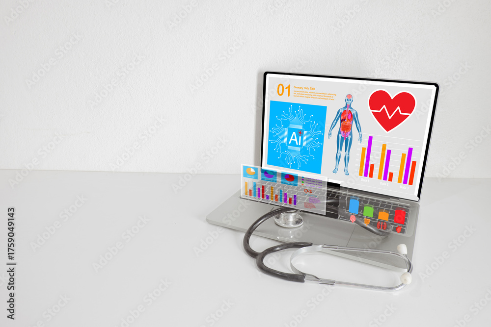 Health Analytics Computer Stethoscope on a laptop with a futuristic AI healthcare and medical ...