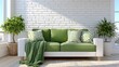 © RAKSIWAH - Serene Loft Space with Classic White Brick Wall and Green Sofa Accents