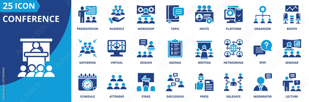 Conference icon set collection in flat style. Icon pack contains ...