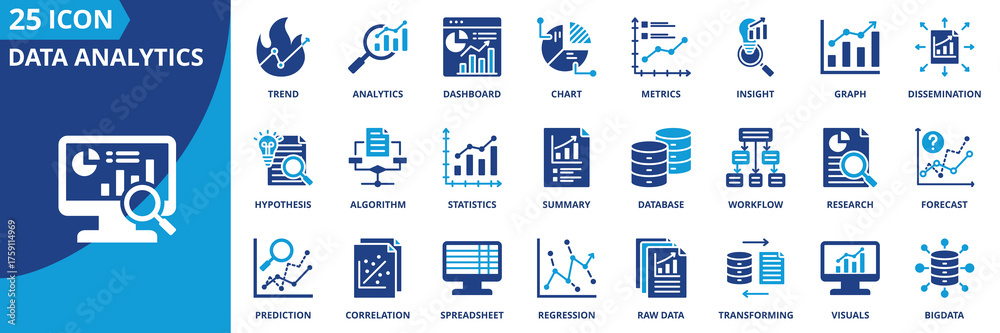 Data analytics icon set collection in flat style. Icon pack contains ...
