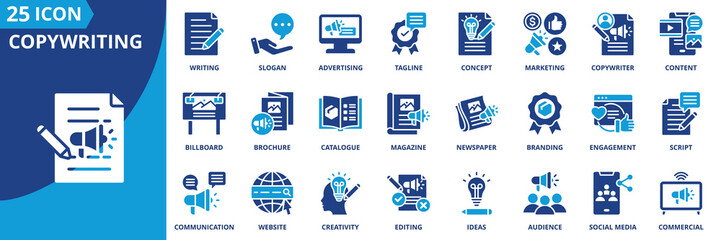 Copy writing icon set collection in flat style. Icon pack contains copywriting, content, script, tagline, slogan, branding, edit, communication, creativity, ideas