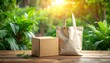 © andre - Eco-Friendly Lifestyle Sustainable Shopping with Tote Bag and Cardboard Box in Green Nature