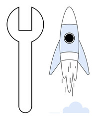 Wall Mural - Rocket taking off beside a wrench, symbolizing progress and engineering. Ideal for technology, innovation, startup, creativity, repair, development and teamwork themes. Simple flat metaphor