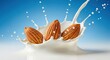 © PhotoHub - Three almonds splashing into milk, creating a dynamic splash against a vibrant blue background, representing healthy eating