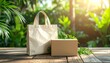 © andre - Sustainable packaging Reusable canvas tote and recyclable box on a rustic wooden table, surrounded by lush green nature, promoting eco-friendly choices