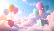 © Dwi - Dreamy pastel birthday or celebration background. Gift boxes and colorful balloons float through a surreal sky filled with soft pink and white clouds and falling confetti.