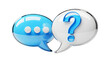 © Shimul - A white speech bubble with a blue question mark next to a blue speech bubble with typing dots symbolizes a query awaiting a response in a digital chat or support forum