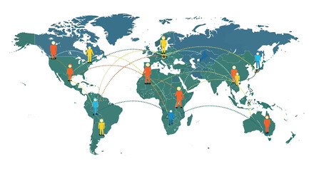 Naklejka na meble Flat vector illustration of a world map with dotted travel lines and people icons moving between countries, representing migration and connection, International Migrants Day