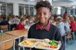 © lashkhidzetim - A young boy is holding a tray of food in front of a group of people