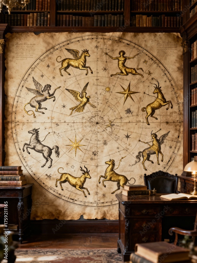 Foto de Stock Ancient celestial map depicting zodiac constellations and ...