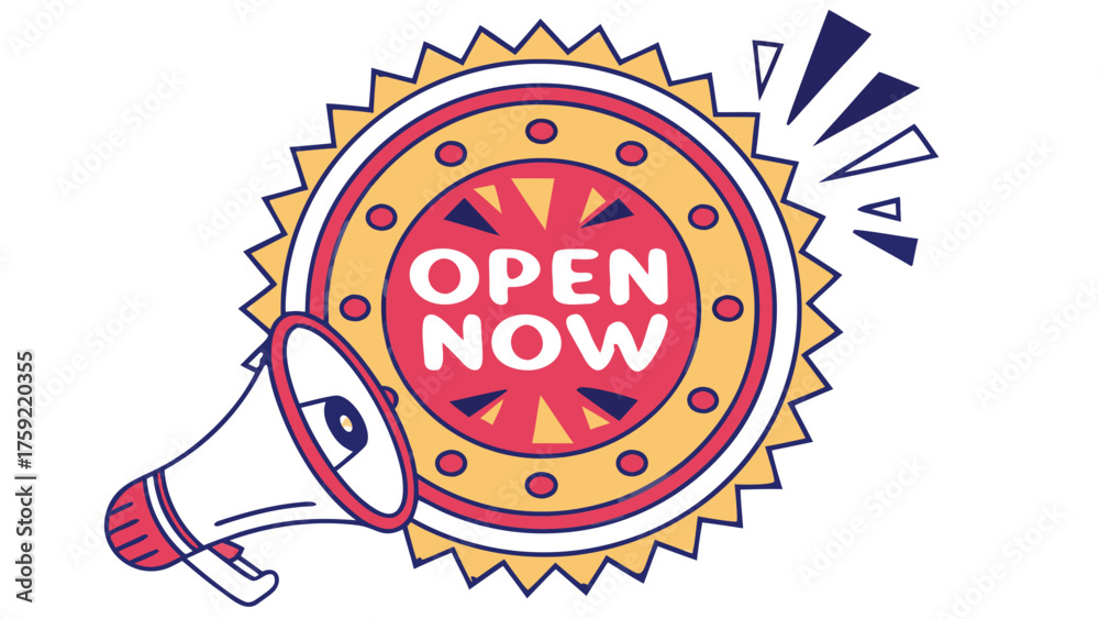 Announcing grand opening with megaphone and burst, vector illustration ...
