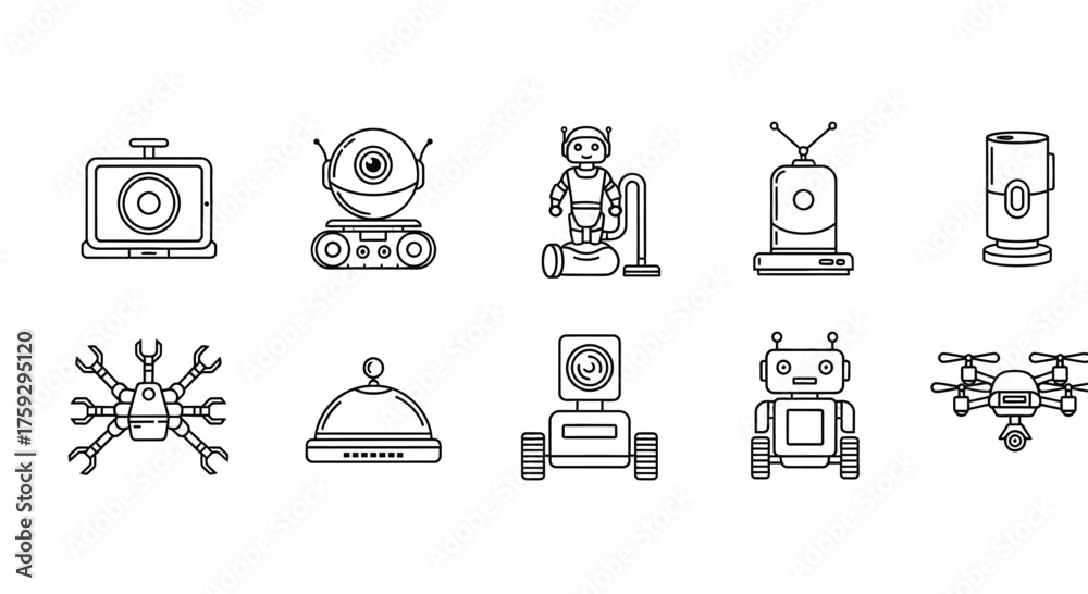 Collection of diverse robot and drone icons for technology and ...