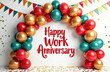 © Maryna - Festive work anniversary banner. Gold red teal balloons form archway with confetti. Bunting decorates top. Congratulatory message for employees, celebrate milestone, achievements. Great for business