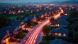 © Maryna - Night view of suburban neighborhood with glowing data stream on road. Fast light trails show high-speed internet. Fiber optic network, smart city infrastructure, big data tech transfer concept for