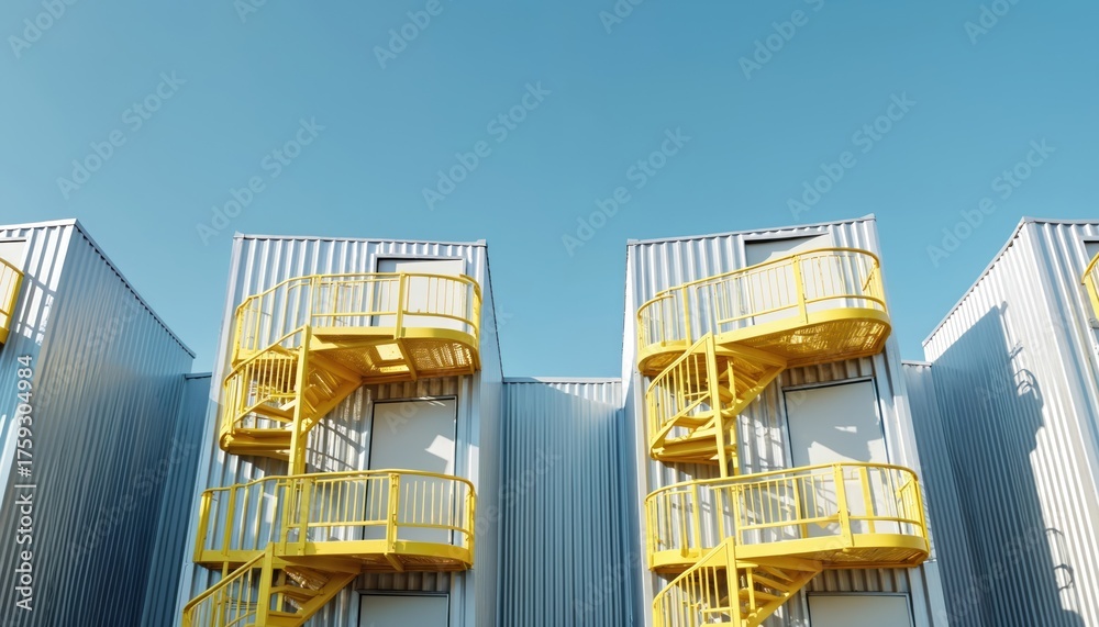 Modern modular buildings feature corrugated metal walls and bright ...