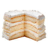 A layered, cut-open slice of a sweet, frosted dessert