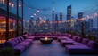 © Pete - Rooftop lounge at night overlooking city skyline with purple sofas and string lights. Modern bar area offers cocktails. Upscale ambiance for socialising and relaxing.