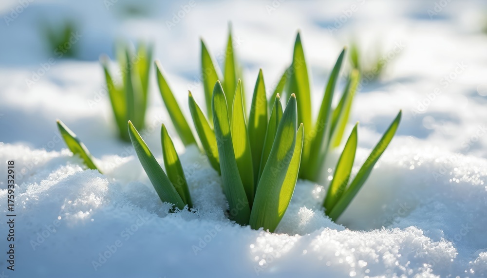 Early Spring Sprouts Green plant sprouts from white snow in sunlight. Nature awakening in ...